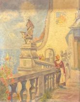 Mediterranean School (20th century) On the Balcony indistinctly signed, oil on hardboard, 44.5cm x