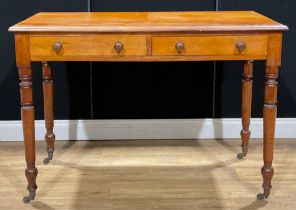A Victorian mahogany side table, rectangular top above a pair of frieze drawers, turned legs, 79.5cm