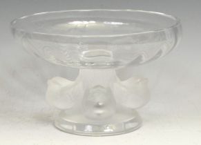A Lalique Lovebird pattern pedestal comport, the support moulded as four frosted glass birds