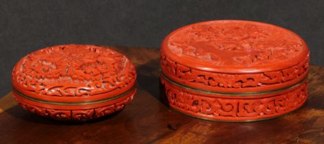 A Chinese cinnabar lacquer circular box and cover, carved in relief with chrysanthemums on a