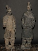 A pair of Chinese terracotta figures, after the warriors of the Terracotta Army of Qin Shi Huang,