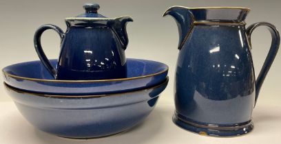 A Denby stoneware Imperial Blue pattern water jug, 23cm; a near pair of Imperial Blue pattern mixing