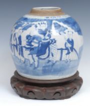 A large Chinese ovoid ginger jar, painted in tones of underglaze blue with a procession of