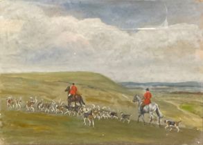 E.C. Goff The South Down Hunt inscribed to verso, oil on tin, 17.5cm x 24.5cm