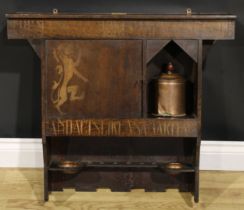 Liberty & Co - an Arts & Crafts oak smoking room cabinet, decorated in gilt with a lion rampant