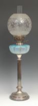 A late Victorian/Edwardian E.P.N.S table lamp, etched globular shade, blue vaseline glass reservoir,