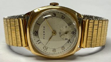 A gentleman's 9ct gold Pierce watch, silvered dial, Arabic numerals, subsidiary seconds dial, the