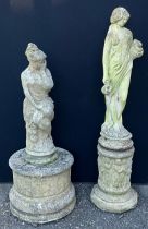 A reconstituted stone garden figure and plinth, Classical female, 118cm high overall; another, on