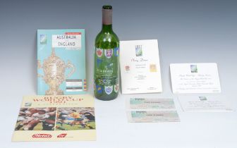 Sport - Rugby World Cup 1991, memorabilia, tickets, autographs, wine bottle, etc