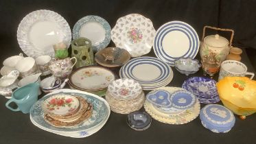 A set of four Staffordshire, blue and white banded "Cornish" ware type plates, 23cm diameter;