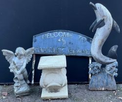 An aluminium garden sign, Welcome To Fantasy Island; a painted softwood model, dolphin, 96.5cm high;