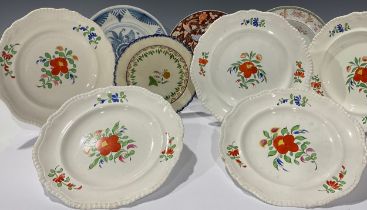 Ceramics - five Spode hand painted dinner plates, gadrooned borders; other ironstone dinner and