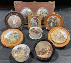 A collection of Staffordshire Prattware pot lids, including, Wimbledon, Autumn, The Thirsty Soldier,