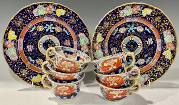 Ceramics - a pair of Mason’s Ironstone Imari palette dessert plates; six Imari pattern tea cups (8)