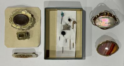 Two Georgian mourning brooches; Victorian brooches and stickpins