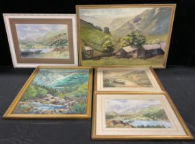 Pictures and Prints - three watercolours, two oils, Lake District Scenes, J Large