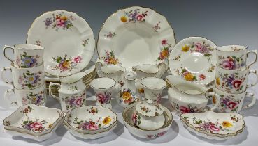 A Royal Crown Derby Posies pattern shallow bowl, 21.5cm, six coffee cups, three small saucers 12.