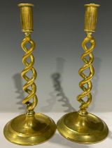 A pair of Victorian brass open twist candlesticks, 30cm high, c.1900