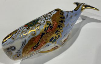 A Royal Crown Derby paperweight, Oceanic Whale, Collectors Guild Exclusive, 22cm, gold stopper,