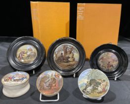 A collection of Staffordshire Prattware bear's grease pot lids, including Alas Poor Bruin, Bears