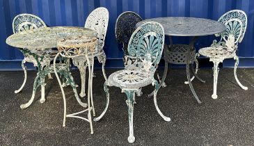 A 19th century style aluminium composed garden suite, comprising five chairs, two tables and a plant