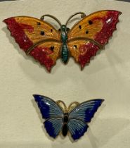 Two enamel butterfly brooches