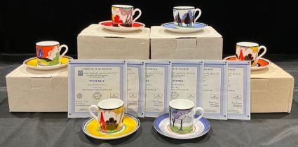 A set of six Wedgwood, Clarice Cliff coffee cans and stands, Bradford Exchange limited editions, Red