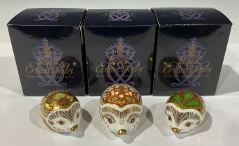 A Royal Crown Derby paperweight, Mistletoe Hedgehog, gold stopper, boxed; two others, Holly and