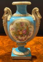 A Coalport two-handled pedestal ovoid vase, painted to front and verso with colourful summer flowers