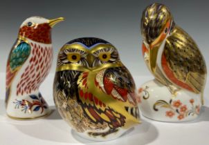 A Royal Crown Derby paperweight, Kingfisher, gold stopper, 10cm, printed mark; others, Little Owl,