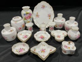 A Royal Crown Derby Posies pattern associated dressing table set, comprising an oval wavy edged