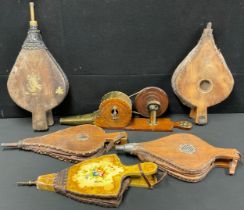 A set of 19th century brass and oak mechanical bellows, 61cm long; other bellows, Georgian and later