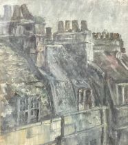 Aubrey Phippen Rooftops label to verso, oil on board, 29cm x 26cm