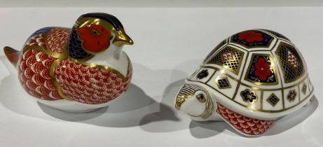 A Royal Crown Derby paperweight, Pheasant, gold stopper; another, Tortoise, gold stopper (2)