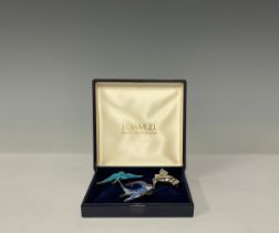 A sterling silver and engine turned enamel brooch, designed by Charles Horner, Bluebird, 5cm long,