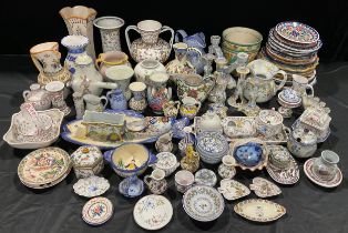 A collection of Portuguese hand-painted pottery, including vases, dishes, candlesticks, etc; other