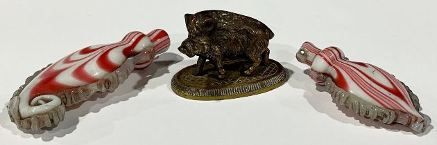 French brass wild boar table vesta, c.1900; two 19th century nailsea scent bottles (3)