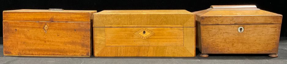 A Victorian walnut and parquetry work box, c.1870; a George III mahogany rectangular tea caddy; a