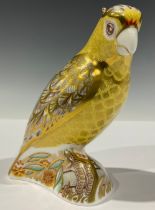 A Royal Crown Derby paperweight, Citron Cockatoo, gold stopper, 13cm, printed mark