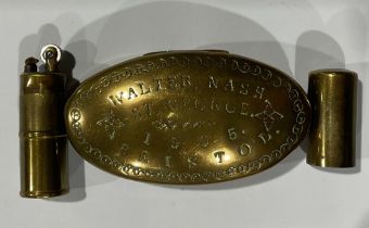 Boxes & Objects - Trench Art - a miniature brass lighter, ammunition shell case; an oval brass snuff