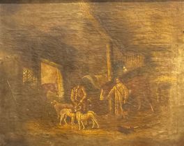 English School (19th century) Stable Interior, with farmhands and dogs oil on canvas, 42cm x 52cm