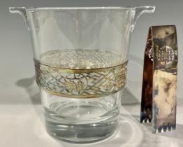 An Art Deco period glass ice bucket, the silver plated mount and tongs in the Chinese chinoiserie