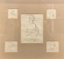 Manner of Dame Laura Knight Figurative Studies, Mother and Baby pencil drawings, five mounted as