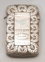 A Victorian advertising vesta case, for John Shaw, Wire Rope Manufacturer, Sheffield, embossed