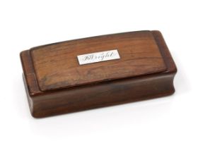 A 19th century rosewood waisted rectangular snuff box, flush-hinged cover with silver colooured