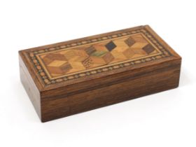 A 19th century Tunbridge ware and rosewood rectangular box, the hinged cover inlaid with a field