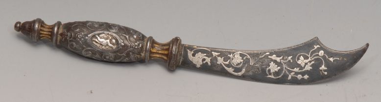 A Continental silver damascened iron letter knife, scimitar shaped blade, decorated throughout in