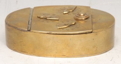 A George III brass combination snuff box, the hinged cover with three dials, 9cm wide, c.1800