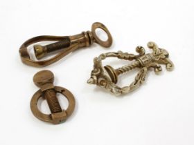 Nutcrackers - a 19th century silvered brass screw-action travelling pocket nut cracker, the lyre-