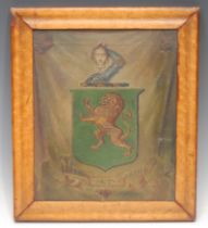 Heraldry - a 19th century armorial painting, possibly Irish, in polychrome with arms and motto,